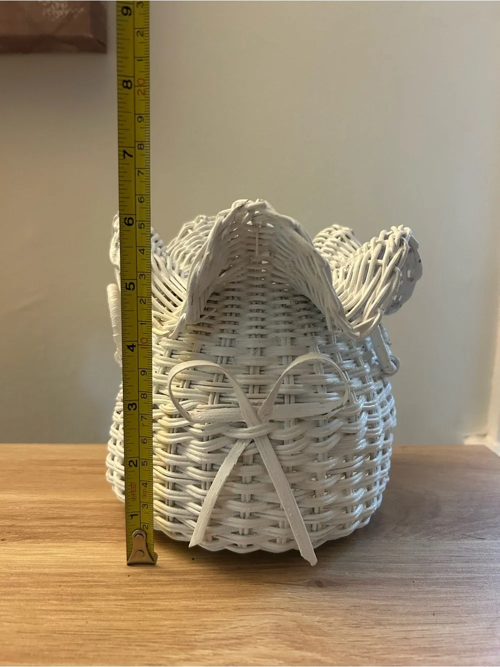 Vintage Handwoven White Wicker Basket with Bow Accent